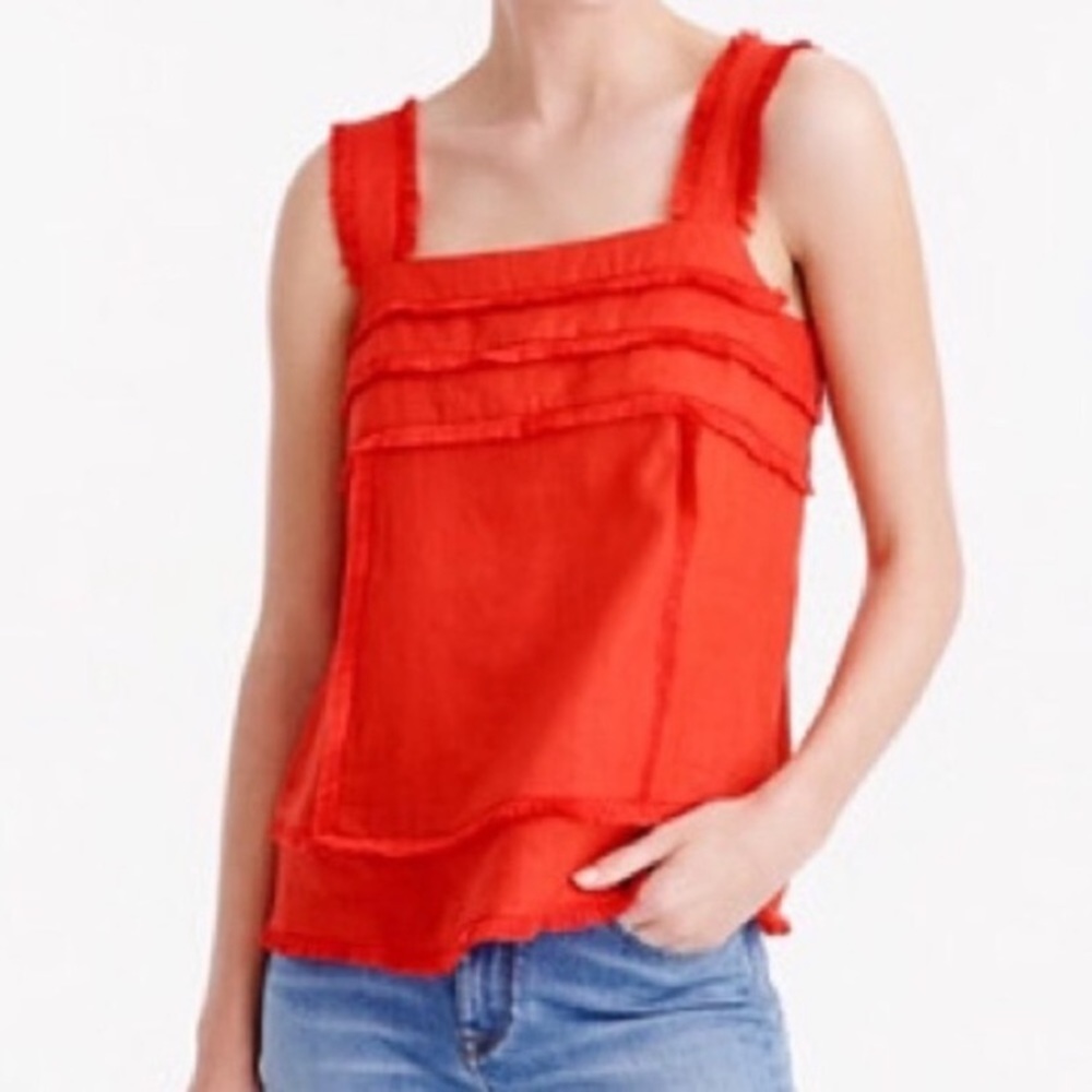 J. Crew Red Fringe Square Neck Linen Tank Top